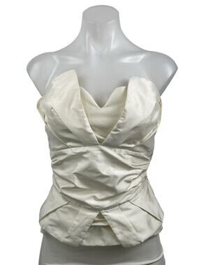 Amaya Arzuaga White Satin Silk Strapless Tube Sweetheart Peplum Blouse Top 10